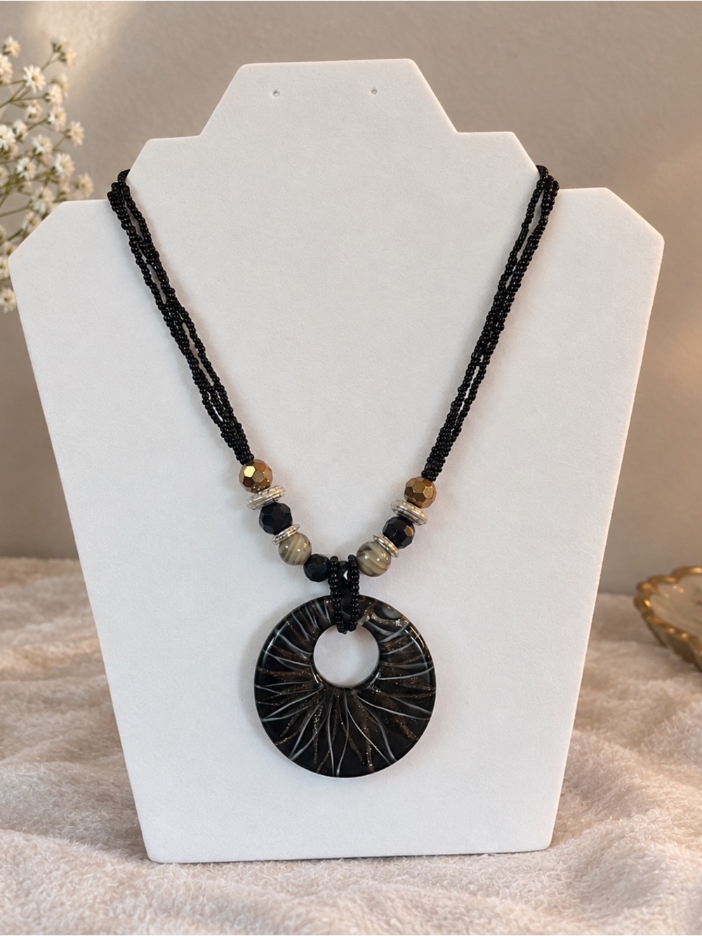 Vintage Black Beaded Circle Pendant Necklace